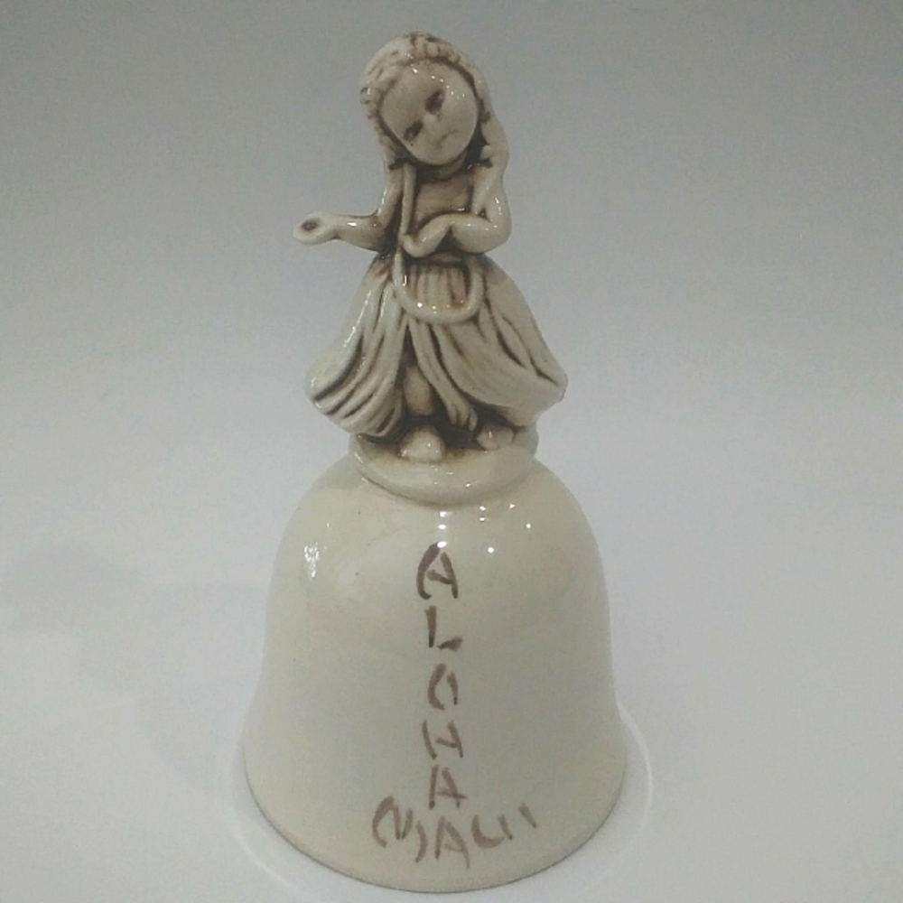 Aloha Maui Hawaii Cream Ceramic Bell with Hula Dancer Figurine